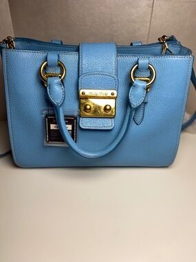 MIU MIU Madras 2-way Tote Bag Leather Light Baby Blue Gold Hardware with COA